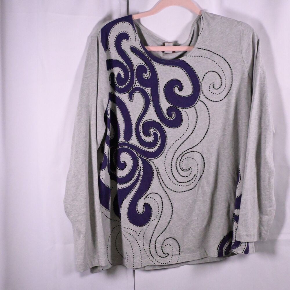 Chico's Women's Gray Purple Beaded Graphic‎ Long Sleeve Shirt Womens 2 US 12